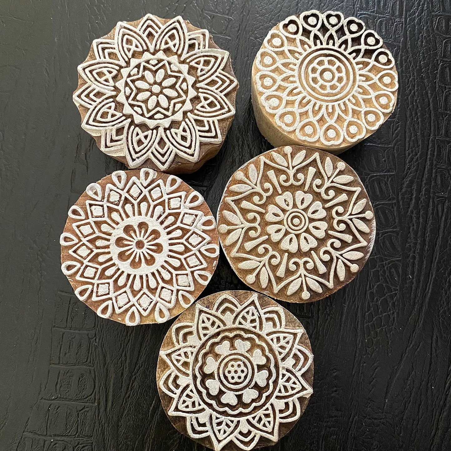 AnNafi® Traditional Mehendi Pattern Mandala and Round Wood Block Stamps (Set of 5) | Round Wooden Printing Block Stamp - DIY Henna Fabric Textile Paper Clay Pottery Block Printing Stamp