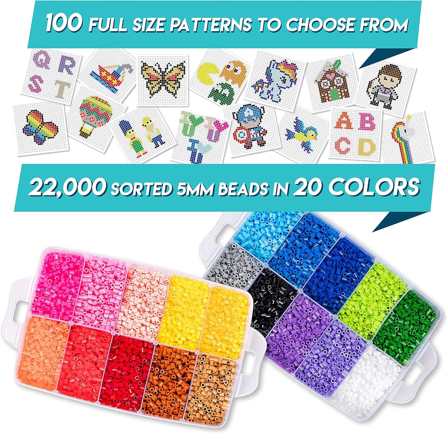 XXL Fuse Beads kit, Melty Melting Beads for Kids Crafts | Iron for Kids kit - Fuse pegboards. Compatible Bulk beados Storage - 22000pcs 5mm