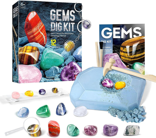 Gems Dig Kit for Kids - STEM Science Toy with 12 Genuine Gemstones - Archaeology Excavation Kit Includes Keychain & Display Stand - Educational Gift for Boys & Girls Ages 6+