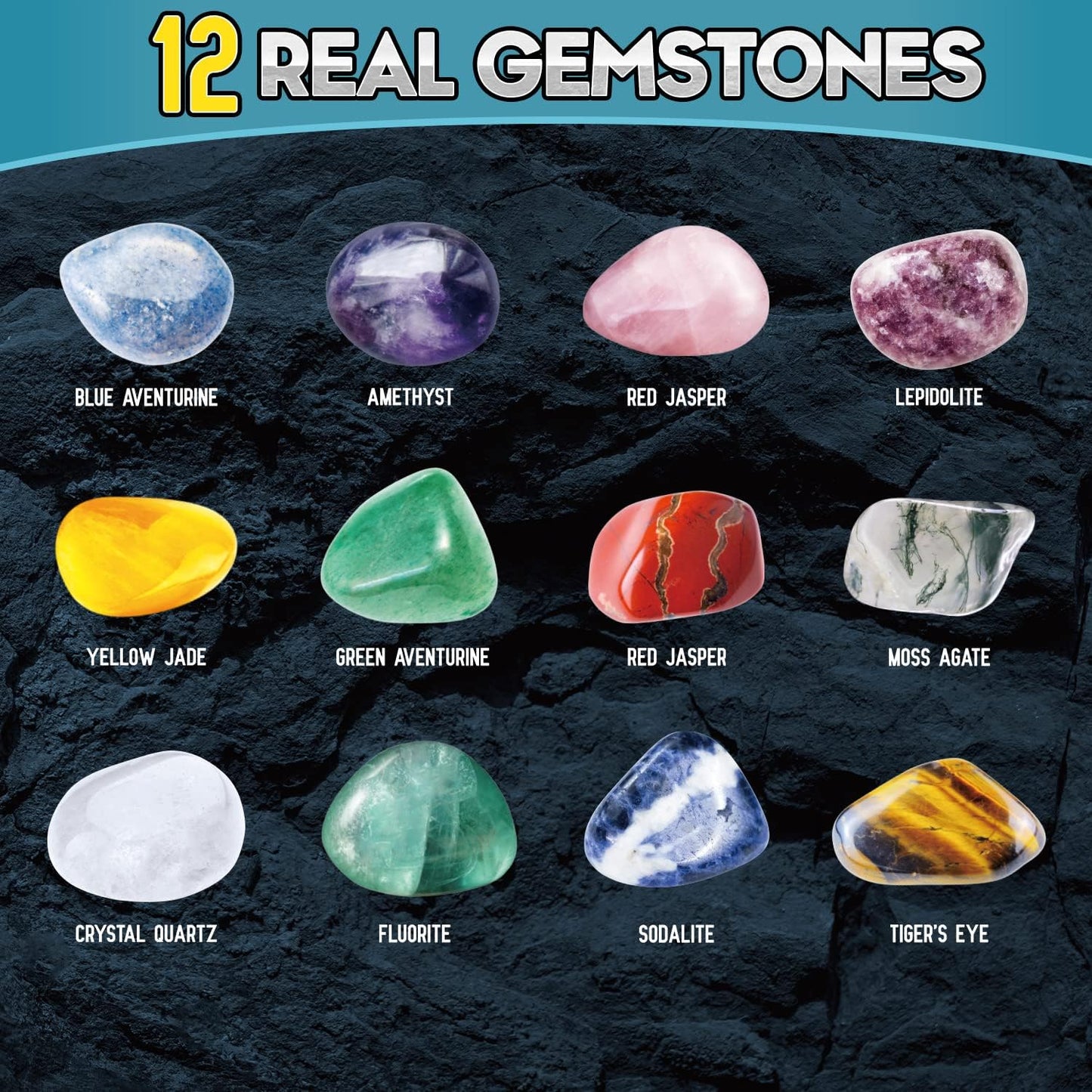 Gems Dig Kit for Kids - STEM Science Toy with 12 Genuine Gemstones - Archaeology Excavation Kit Includes Keychain & Display Stand - Educational Gift for Boys & Girls Ages 6+
