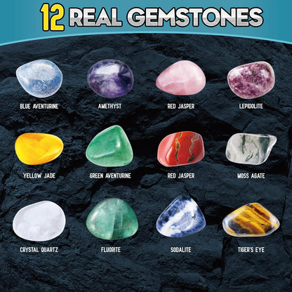 Gems Dig Kit for Kids - STEM Science Toy with 12 Genuine Gemstones - Archaeology Excavation Kit Includes Keychain & Display Stand - Educational Gift for Boys & Girls Ages 6+