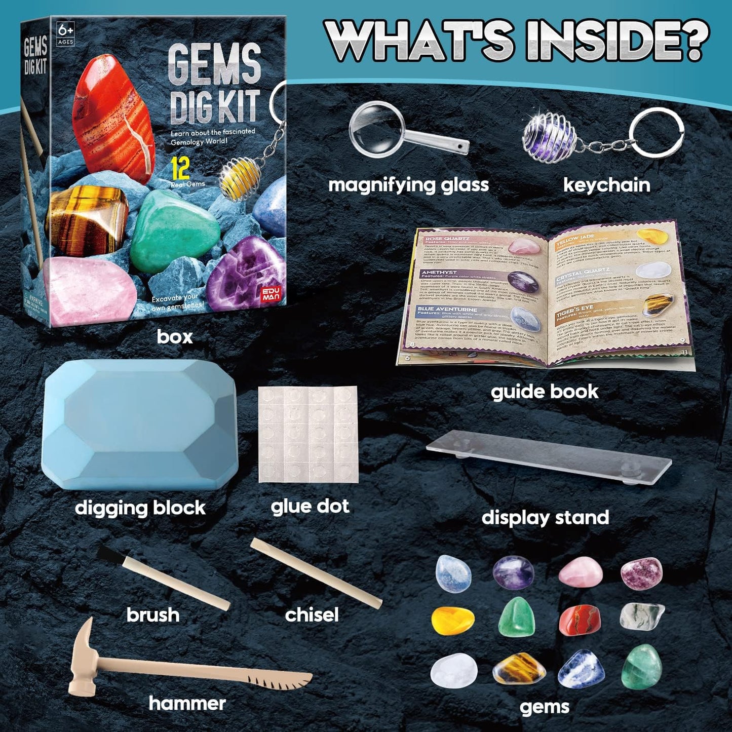 Gems Dig Kit for Kids - STEM Science Toy with 12 Genuine Gemstones - Archaeology Excavation Kit Includes Keychain & Display Stand - Educational Gift for Boys & Girls Ages 6+