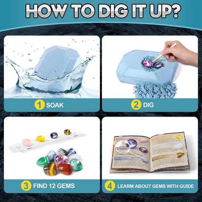 Gems Dig Kit for Kids - STEM Science Toy with 12 Genuine Gemstones - Archaeology Excavation Kit Includes Keychain & Display Stand - Educational Gift for Boys & Girls Ages 6+
