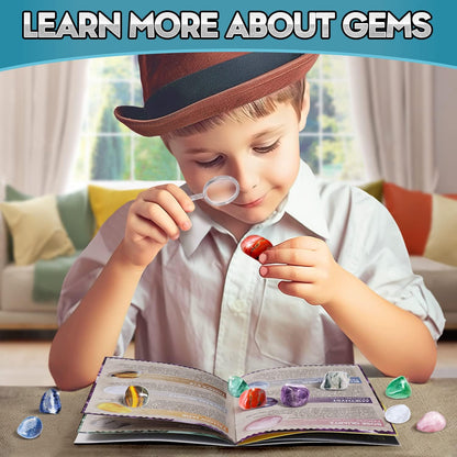 Gems Dig Kit for Kids - STEM Science Toy with 12 Genuine Gemstones - Archaeology Excavation Kit Includes Keychain & Display Stand - Educational Gift for Boys & Girls Ages 6+