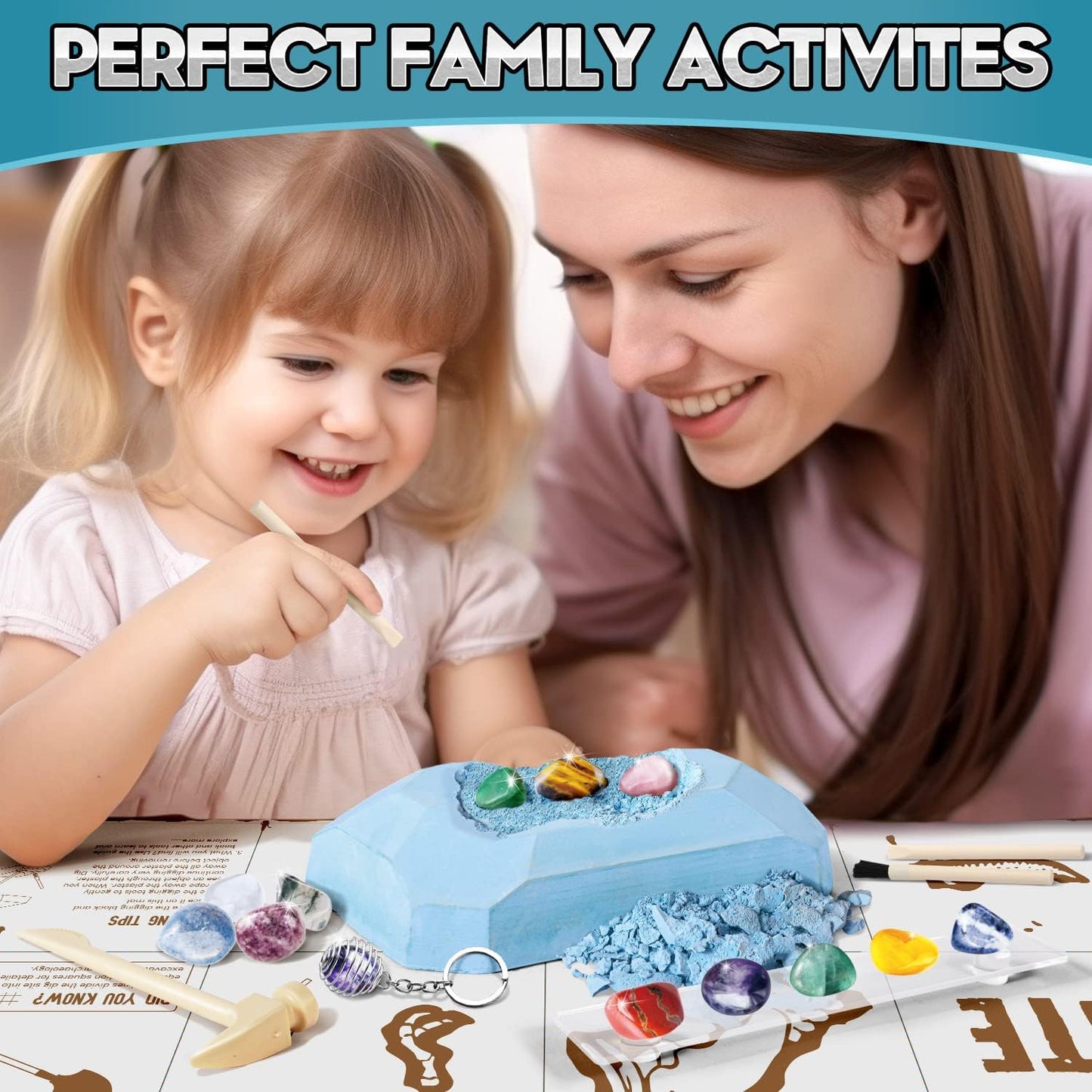 Gems Dig Kit for Kids - STEM Science Toy with 12 Genuine Gemstones - Archaeology Excavation Kit Includes Keychain & Display Stand - Educational Gift for Boys & Girls Ages 6+