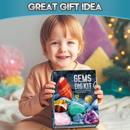 Gems Dig Kit for Kids - STEM Science Toy with 12 Genuine Gemstones - Archaeology Excavation Kit Includes Keychain & Display Stand - Educational Gift for Boys & Girls Ages 6+