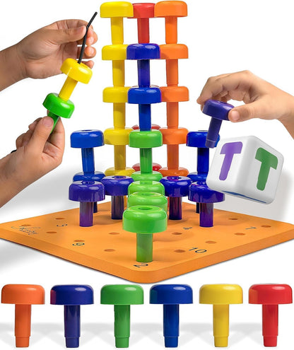 Peg Board Set - Montessori Toys for 2 Year Old - 33 Pc Plastic Peg Board for Kids - Occupational Therapy Toys with Pegs, Dice, Lacing String & Storage Bag