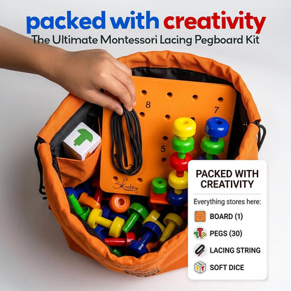 Peg Board Set - Montessori Toys for 2 Year Old - 33 Pc Plastic Peg Board for Kids - Occupational Therapy Toys with Pegs, Dice, Lacing String & Storage Bag