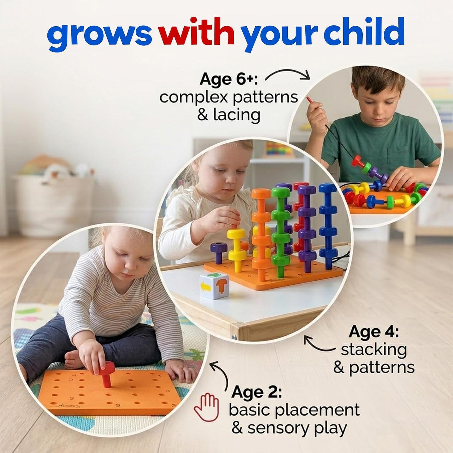 Peg Board Set - Montessori Toys for 2 Year Old - 33 Pc Plastic Peg Board for Kids - Occupational Therapy Toys with Pegs, Dice, Lacing String & Storage Bag