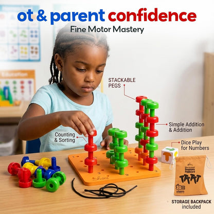 Peg Board Set - Montessori Toys for 2 Year Old - 33 Pc Plastic Peg Board for Kids - Occupational Therapy Toys with Pegs, Dice, Lacing String & Storage Bag