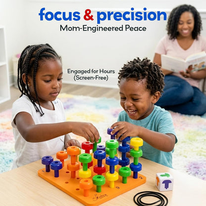 Peg Board Set - Montessori Toys for 2 Year Old - 33 Pc Plastic Peg Board for Kids - Occupational Therapy Toys with Pegs, Dice, Lacing String & Storage Bag