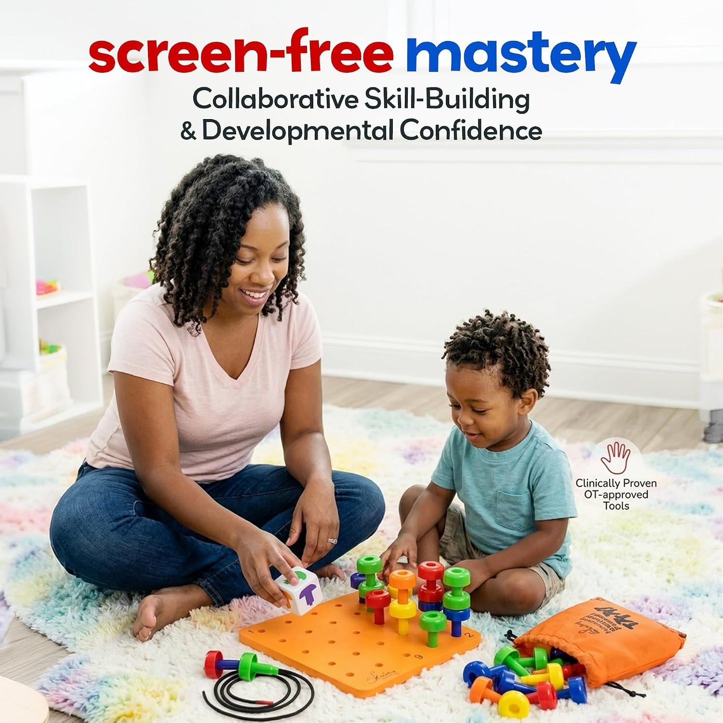 Peg Board Set - Montessori Toys for 2 Year Old - 33 Pc Plastic Peg Board for Kids - Occupational Therapy Toys with Pegs, Dice, Lacing String & Storage Bag