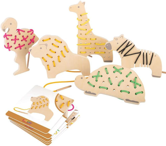 Kaplan Early Learning Safari Wooden Lacing Animals - Set of 5 Animals, Colorful Laces, and Pattern Cards for Creating Realistic or Abstract Patterns
