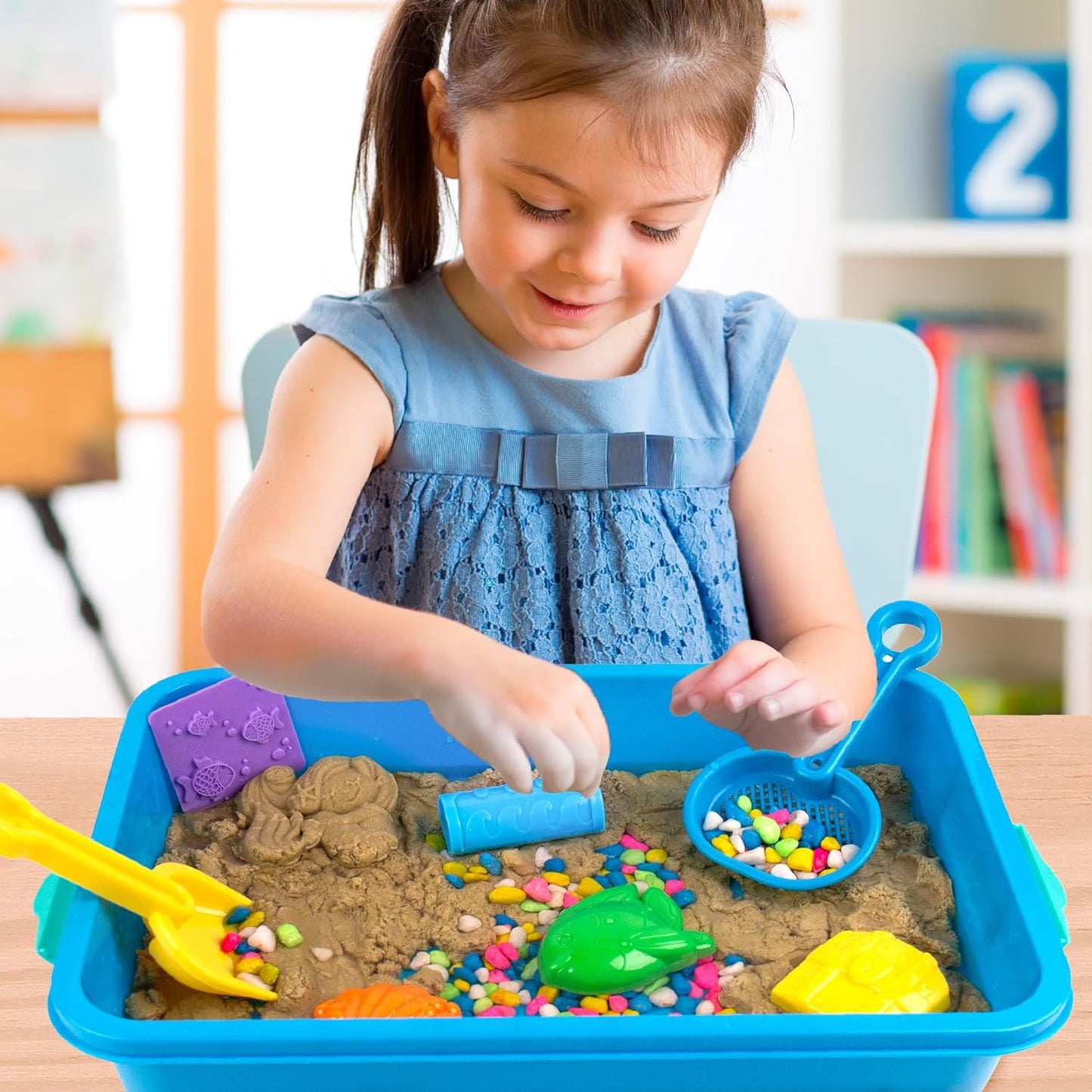 Sea Life Sensory Bin - Includes Storage Case, Moldable Sands, Molds, Shovel, Toys for Kids 3-7
