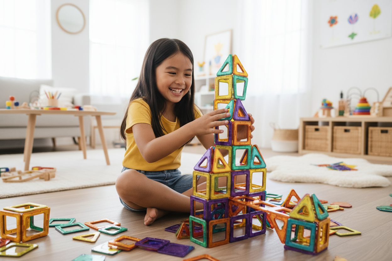 Girl Playing Magnetic Tiles
