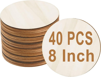 40 PCS 8 Inch Wooden Circles for Crafts 1/8" Thick Unfinished Round Wood Circles 3 mm Natural Wooden Discs Blank Wood Circles for Painting, Door Hanger, Coaster, Engraving, Cutouts, Home Decoration