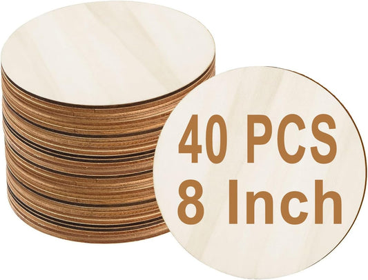 40 PCS 8 Inch Wooden Circles for Crafts 1/8" Thick Unfinished Round Wood Circles 3 mm Natural Wooden Discs Blank Wood Circles for Painting, Door Hanger, Coaster, Engraving, Cutouts, Home Decoration