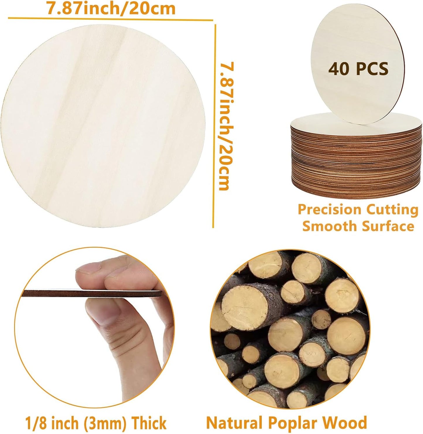 40 PCS 8 Inch Wooden Circles for Crafts 1/8" Thick Unfinished Round Wood Circles 3 mm Natural Wooden Discs Blank Wood Circles for Painting, Door Hanger, Coaster, Engraving, Cutouts, Home Decoration