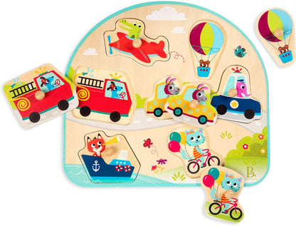 Wooden Peg Puzzle, Vehicles On The Go, 7 Chunky Pieces, Wood Toys | Wooden vehicle puzzle with easy-grab pegs and colorful matching art underneath each piece for toddlers +, 18+ Months