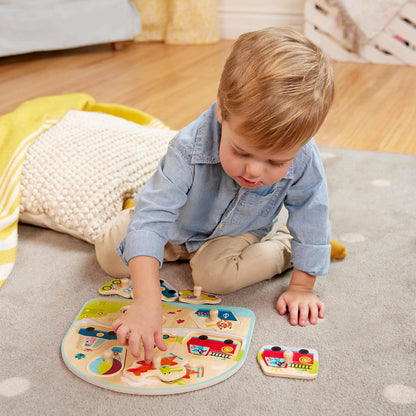 Wooden Peg Puzzle, Vehicles On The Go, 7 Chunky Pieces, Wood Toys | Wooden vehicle puzzle with easy-grab pegs and colorful matching art underneath each piece for toddlers +, 18+ Months