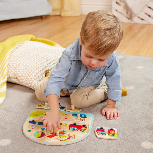 Wooden Peg Puzzle, Vehicles On The Go, 7 Chunky Pieces, Wood Toys | Wooden vehicle puzzle with easy-grab pegs and colorful matching art underneath each piece for toddlers +, 18+ Months