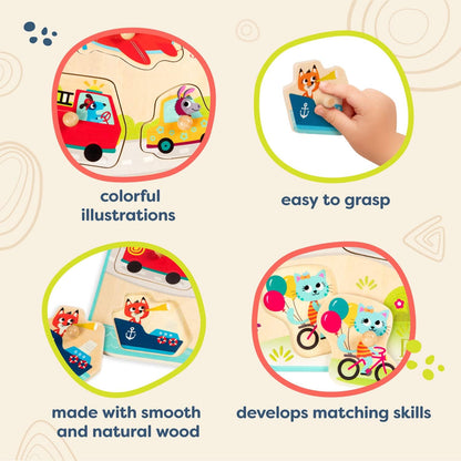 Wooden Peg Puzzle, Vehicles On The Go, 7 Chunky Pieces, Wood Toys | Wooden vehicle puzzle with easy-grab pegs and colorful matching art underneath each piece for toddlers +, 18+ Months