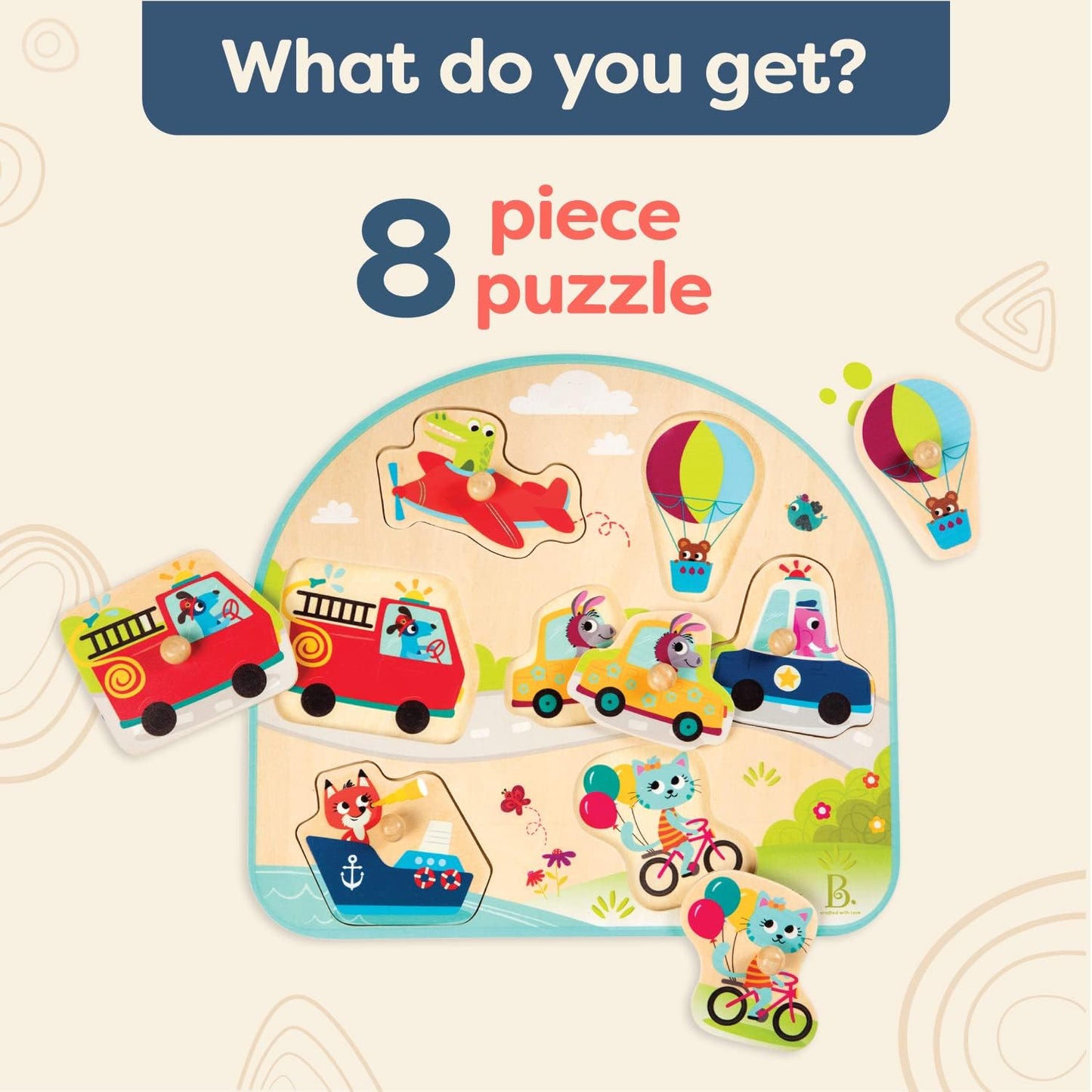 Wooden Peg Puzzle, Vehicles On The Go, 7 Chunky Pieces, Wood Toys | Wooden vehicle puzzle with easy-grab pegs and colorful matching art underneath each piece for toddlers +, 18+ Months