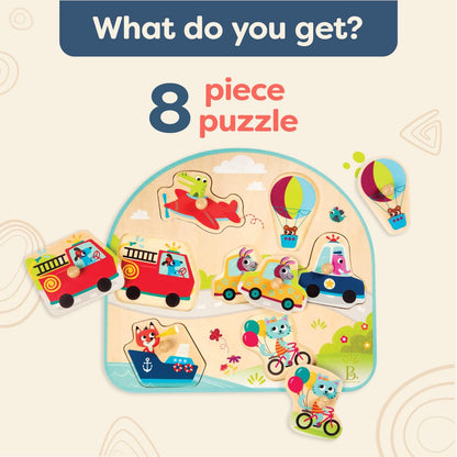 Wooden Peg Puzzle, Vehicles On The Go, 7 Chunky Pieces, Wood Toys | Wooden vehicle puzzle with easy-grab pegs and colorful matching art underneath each piece for toddlers +, 18+ Months