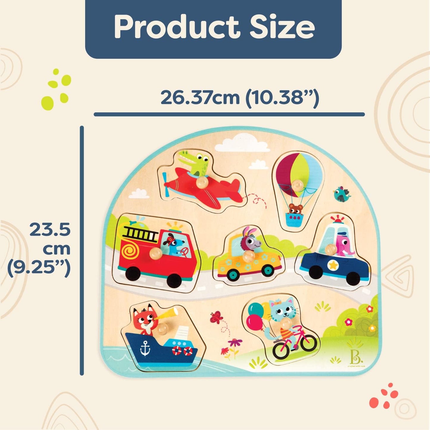 Wooden Peg Puzzle, Vehicles On The Go, 7 Chunky Pieces, Wood Toys | Wooden vehicle puzzle with easy-grab pegs and colorful matching art underneath each piece for toddlers +, 18+ Months