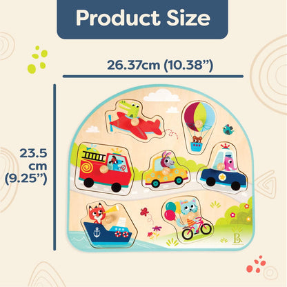 Wooden Peg Puzzle, Vehicles On The Go, 7 Chunky Pieces, Wood Toys | Wooden vehicle puzzle with easy-grab pegs and colorful matching art underneath each piece for toddlers +, 18+ Months