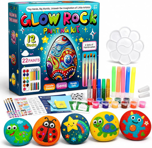 Rock Painting Kit for Kids Ages 6–12, Arts & Crafts Set, Creative Art Toys, Glow-in-the-Dark Rocks to Paint, Gifts for Birthdays & Holidays, Stocking Stuffers