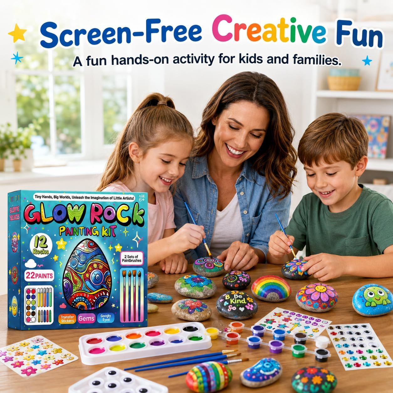 Rock Painting Kit for Kids Ages 6–12, Arts & Crafts Set, Creative Art Toys, Glow-in-the-Dark Rocks to Paint, Gifts for Birthdays & Holidays, Stocking Stuffers