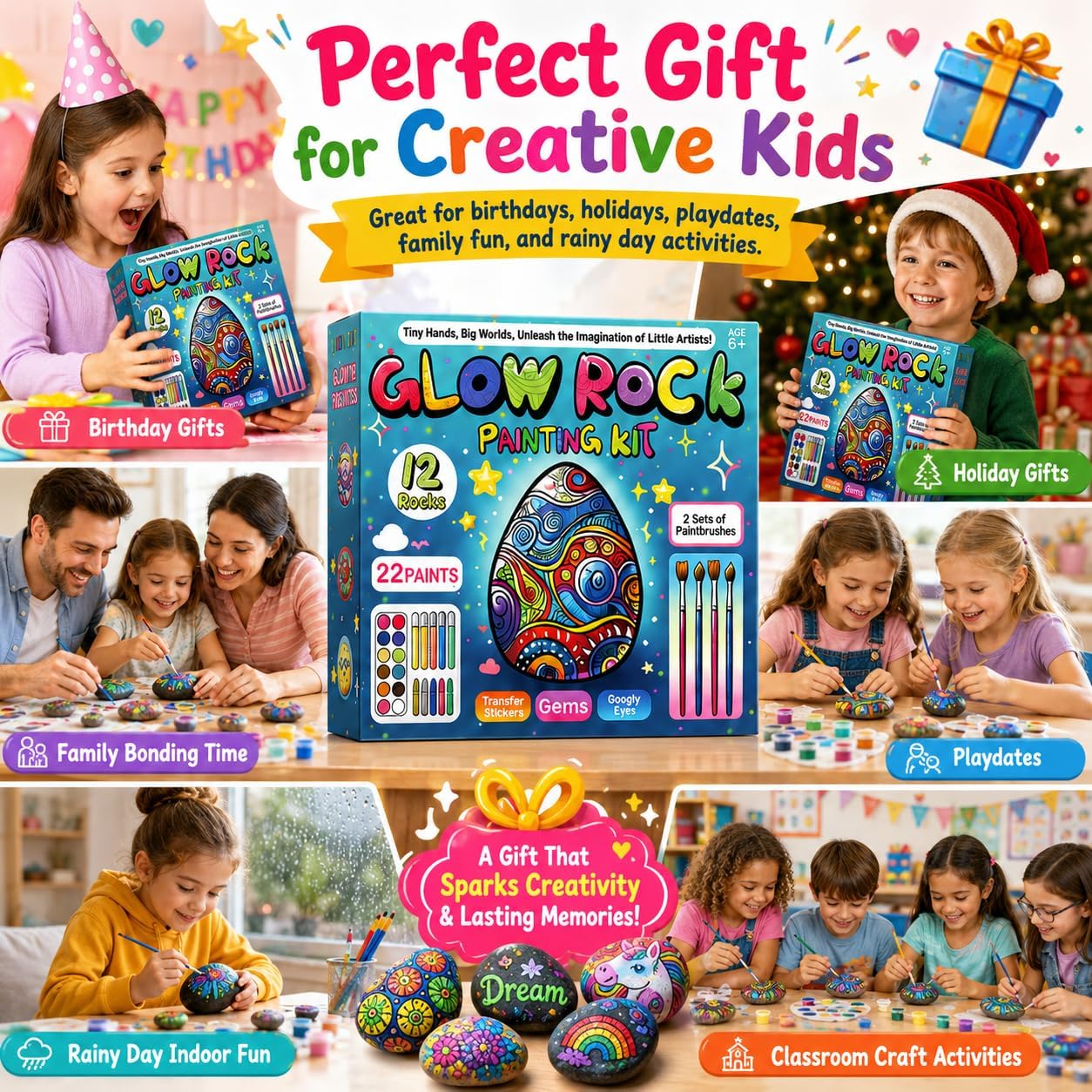 Rock Painting Kit for Kids Ages 6–12, Arts & Crafts Set, Creative Art Toys, Glow-in-the-Dark Rocks to Paint, Gifts for Birthdays & Holidays, Stocking Stuffers