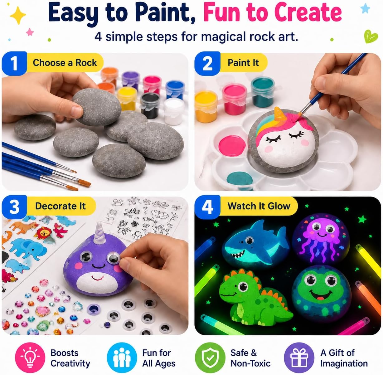 Rock Painting Kit for Kids Ages 6–12, Arts & Crafts Set, Creative Art Toys, Glow-in-the-Dark Rocks to Paint, Gifts for Birthdays & Holidays, Stocking Stuffers