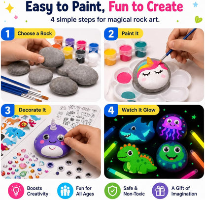 Rock Painting Kit for Kids Ages 6–12, Arts & Crafts Set, Creative Art Toys, Glow-in-the-Dark Rocks to Paint, Gifts for Birthdays & Holidays, Stocking Stuffers