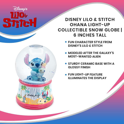 Lilo & Stitch Ohana Light-Up Snow Globe with Swirling Glitter Display Decoration | Home Decor for Kids Room Essentials | Precious Keepsake, Cute Novelty Gifts and Collectibles | 6 Inches Tall