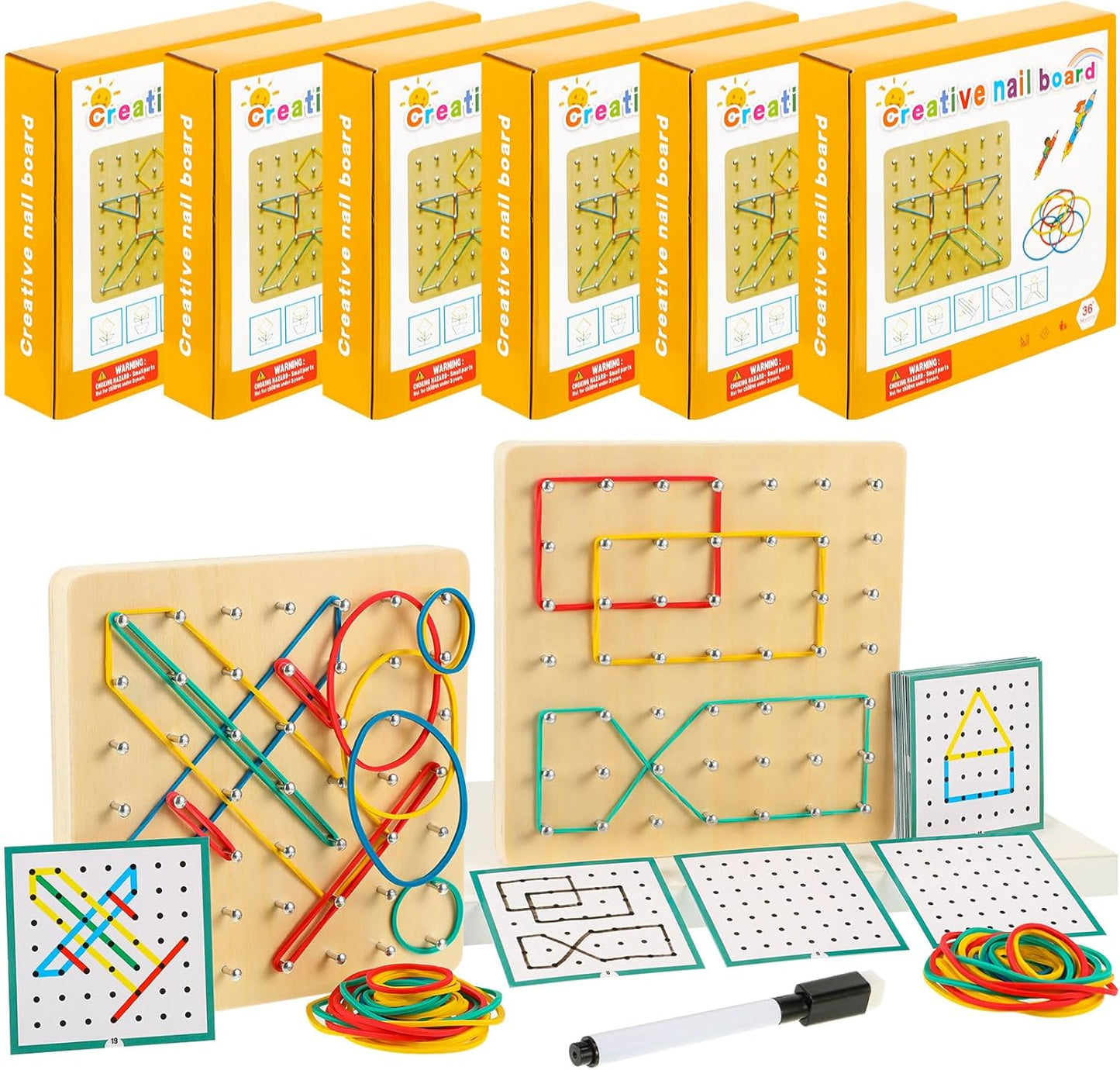 6 Set Wooden Geoboard with Rubber Bands Graphical Montessori Toys for 3+ Year Old Manipulative Material Array Block Geoboards Educational Toy with Pattern Cards Create Figures Shape STEM Puzzle