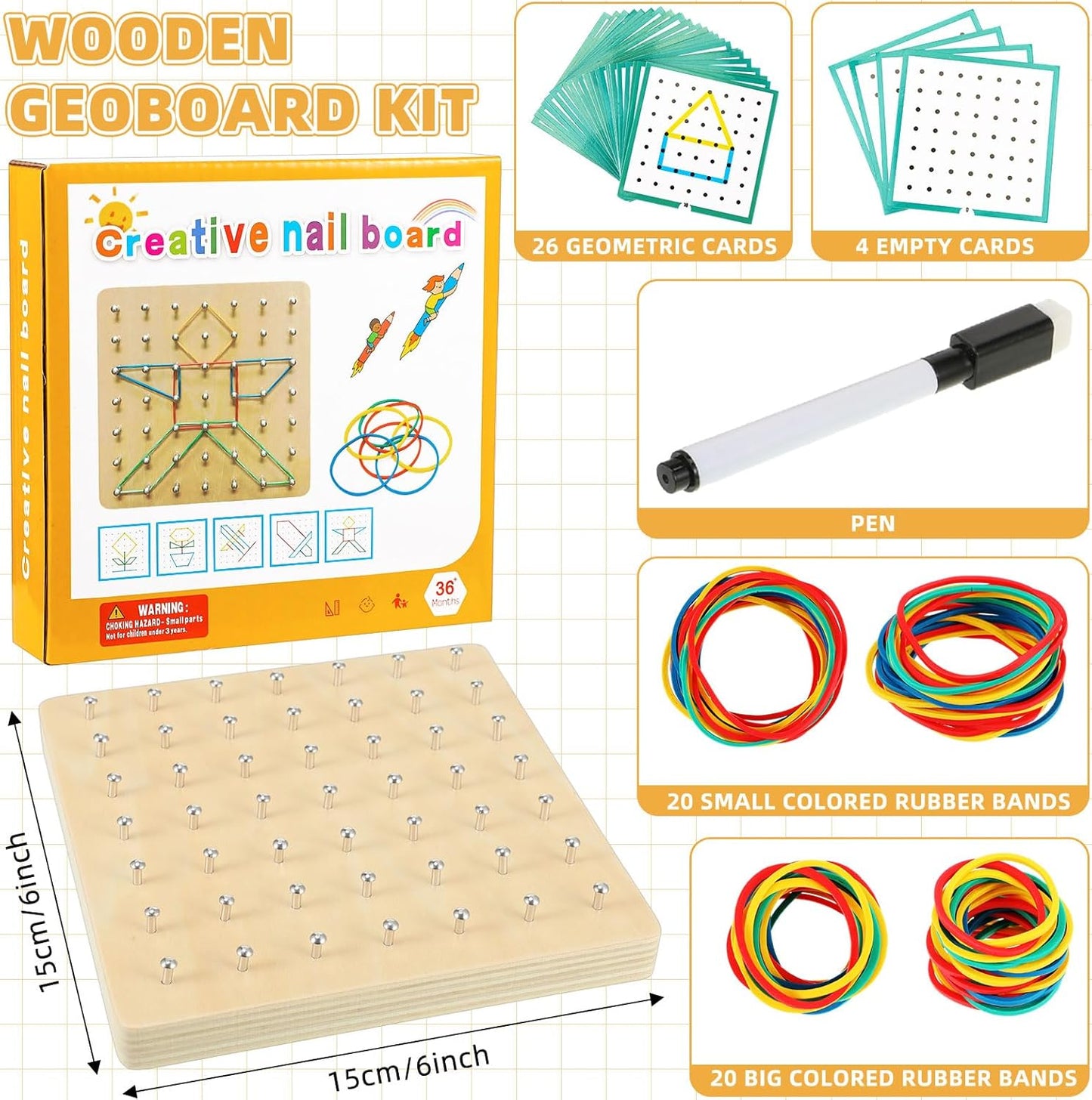 6 Set Wooden Geoboard with Rubber Bands Graphical Montessori Toys for 3+ Year Old Manipulative Material Array Block Geoboards Educational Toy with Pattern Cards Create Figures Shape STEM Puzzle