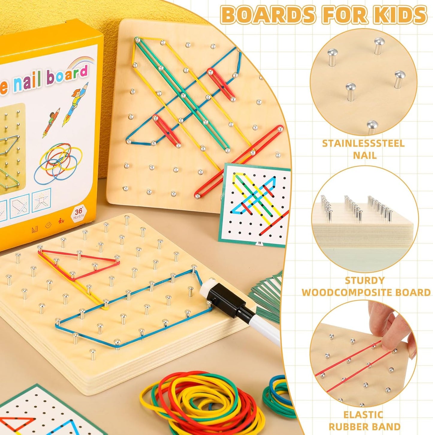 6 Set Wooden Geoboard with Rubber Bands Graphical Montessori Toys for 3+ Year Old Manipulative Material Array Block Geoboards Educational Toy with Pattern Cards Create Figures Shape STEM Puzzle