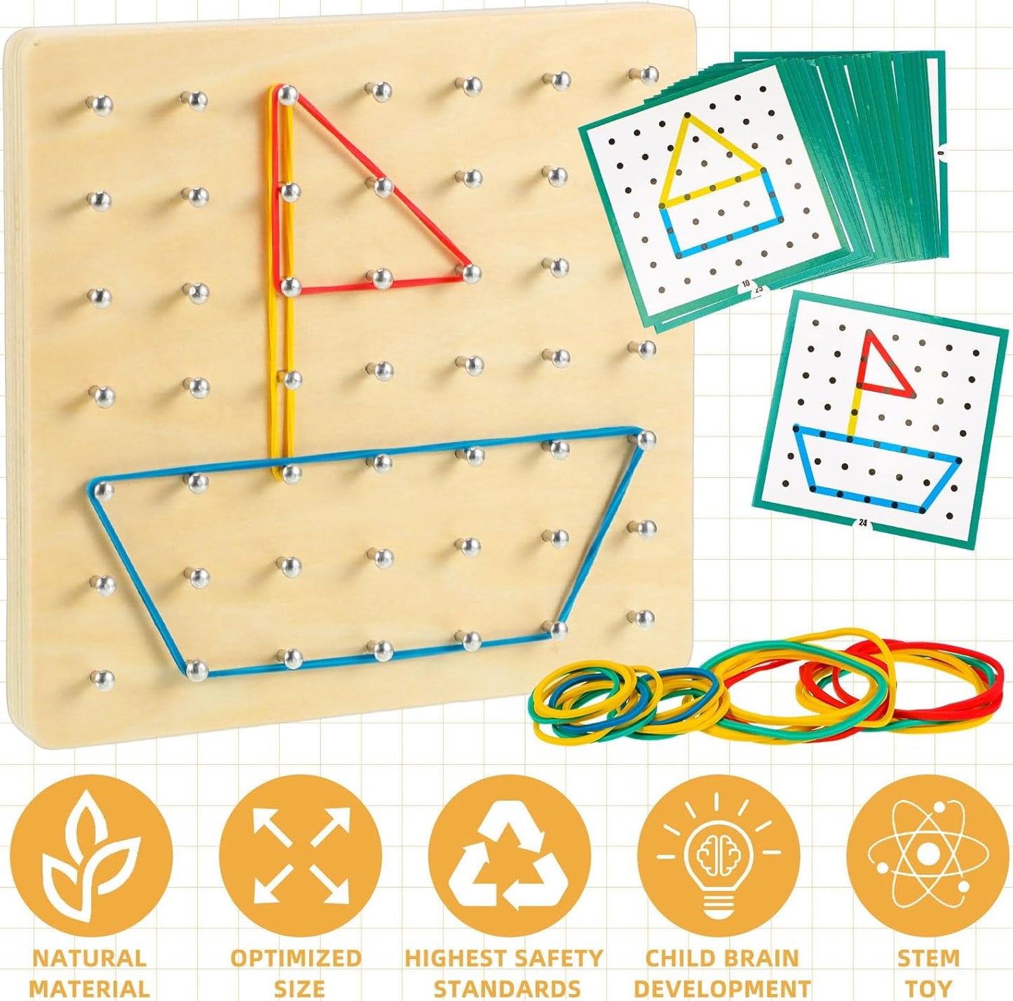 6 Set Wooden Geoboard with Rubber Bands Graphical Montessori Toys for 3+ Year Old Manipulative Material Array Block Geoboards Educational Toy with Pattern Cards Create Figures Shape STEM Puzzle