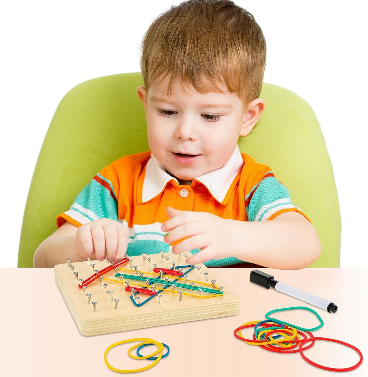 6 Set Wooden Geoboard with Rubber Bands Graphical Montessori Toys for 3+ Year Old Manipulative Material Array Block Geoboards Educational Toy with Pattern Cards Create Figures Shape STEM Puzzle