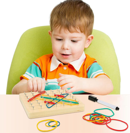 6 Set Wooden Geoboard with Rubber Bands Graphical Montessori Toys for 3+ Year Old Manipulative Material Array Block Geoboards Educational Toy with Pattern Cards Create Figures Shape STEM Puzzle