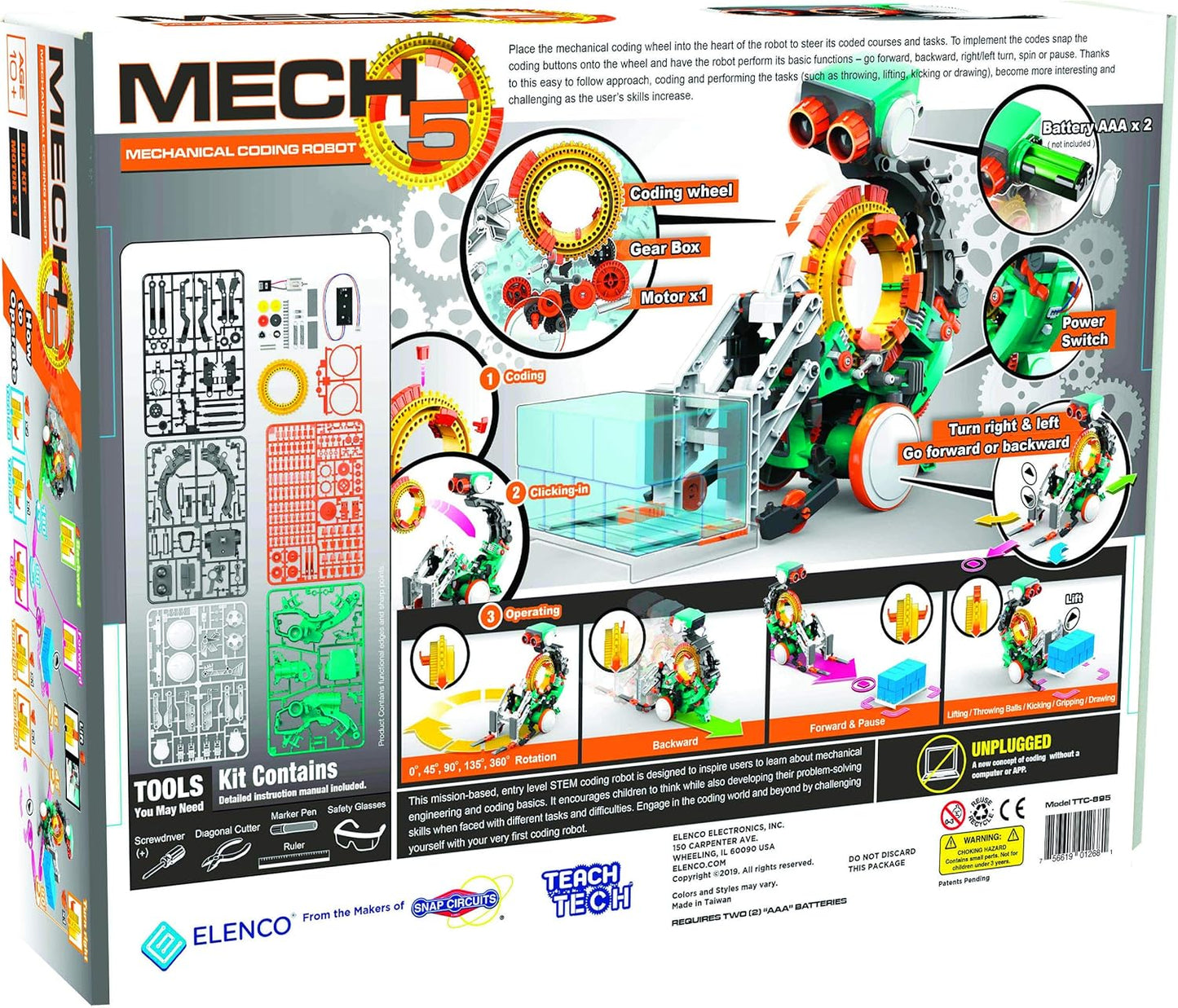 Teach Tech Mech 5, Mechanical Coding Robot, Coding Wheel Makes Robot Throw, Lift, kick, Draw and More, Ages 10 and Older