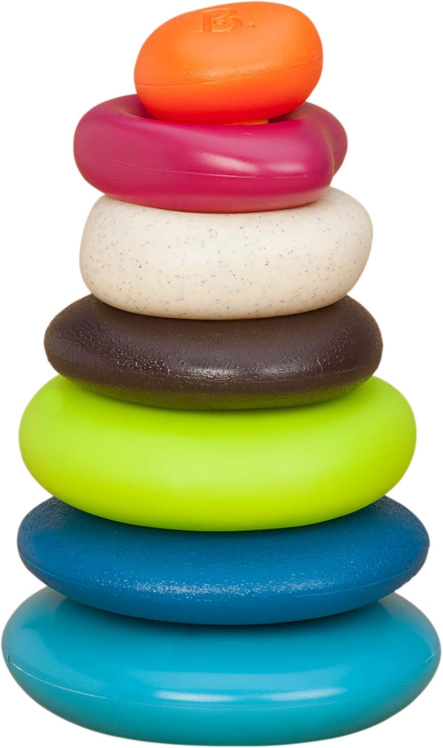 Skipping Stones, Textured Baby Ring Stacker | 7-piece baby sort-and-stack toy with 5 textured rings, base, and topper for sensory play and early development, 6+ Months