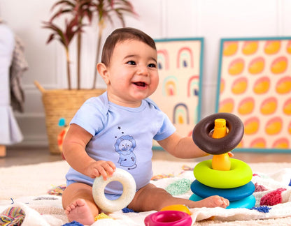 Skipping Stones, Textured Baby Ring Stacker | 7-piece baby sort-and-stack toy with 5 textured rings, base, and topper for sensory play and early development, 6+ Months