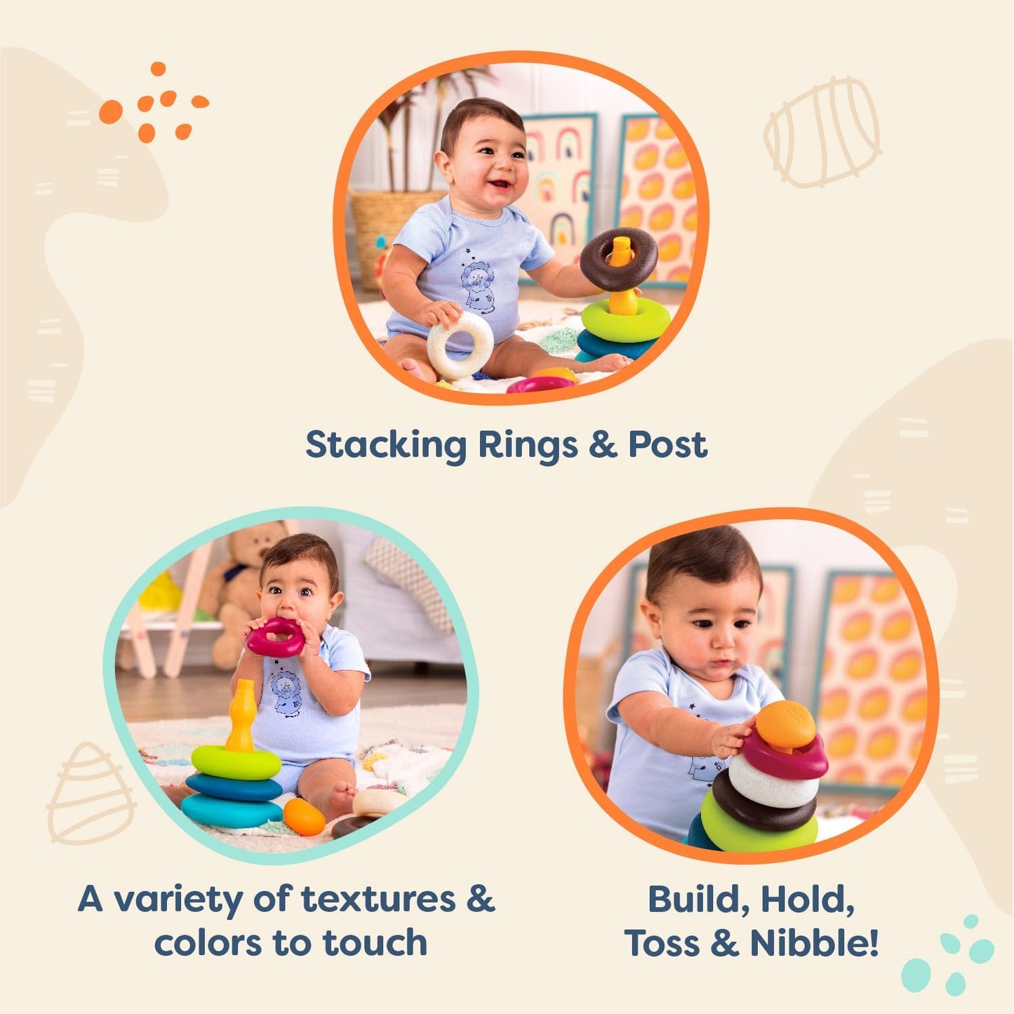 Skipping Stones, Textured Baby Ring Stacker | 7-piece baby sort-and-stack toy with 5 textured rings, base, and topper for sensory play and early development, 6+ Months