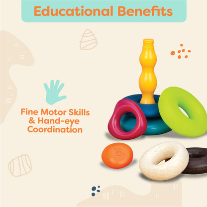 Skipping Stones, Textured Baby Ring Stacker | 7-piece baby sort-and-stack toy with 5 textured rings, base, and topper for sensory play and early development, 6+ Months