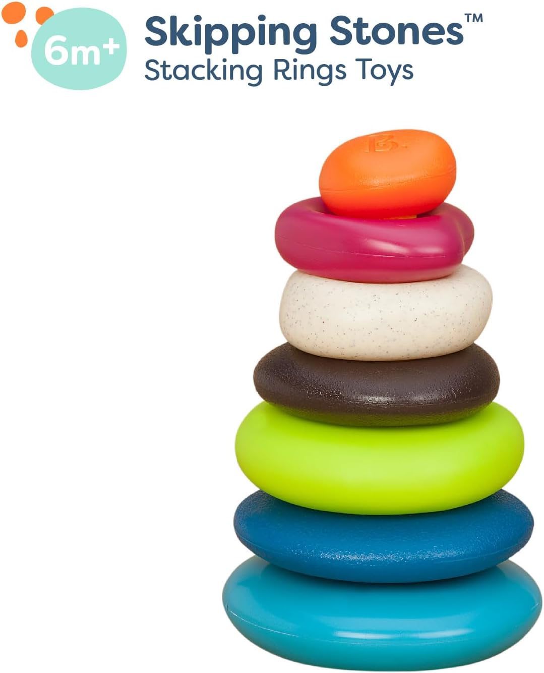 Skipping Stones, Textured Baby Ring Stacker | 7-piece baby sort-and-stack toy with 5 textured rings, base, and topper for sensory play and early development, 6+ Months
