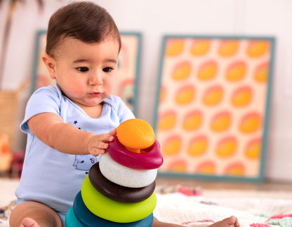 Skipping Stones, Textured Baby Ring Stacker | 7-piece baby sort-and-stack toy with 5 textured rings, base, and topper for sensory play and early development, 6+ Months