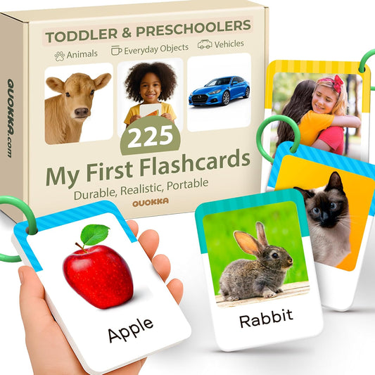 225 Toddler Flash Cards with Rings – Realistic Learning Cards for Ages 1–3 – Alphabet, First Words, Animals etc – Portable Montessori Flashcards for Car Rides, Stroller Walks, Shopping &Travel